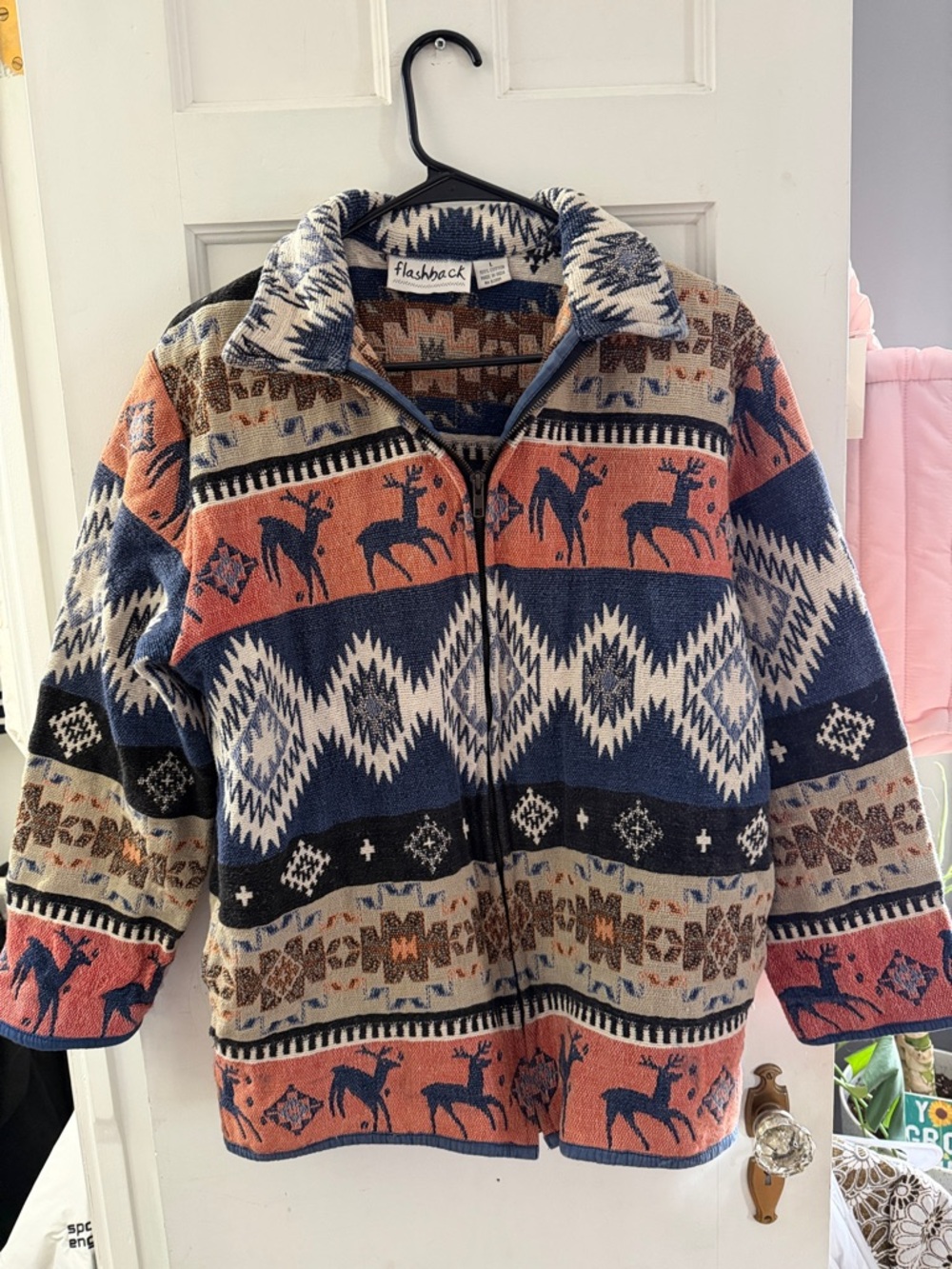 Flashback Southwestern Deer Print Fleece Jacket Zip Up Cozy Vintage Size L